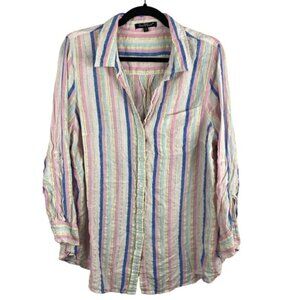 Velvet Hearts Pink Blue Striped Linen Blend Button Down Shirt 1X